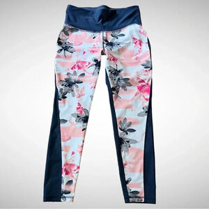 XERSION Navy Blue and Pink Floral Leggings | Medium |‎ EUC